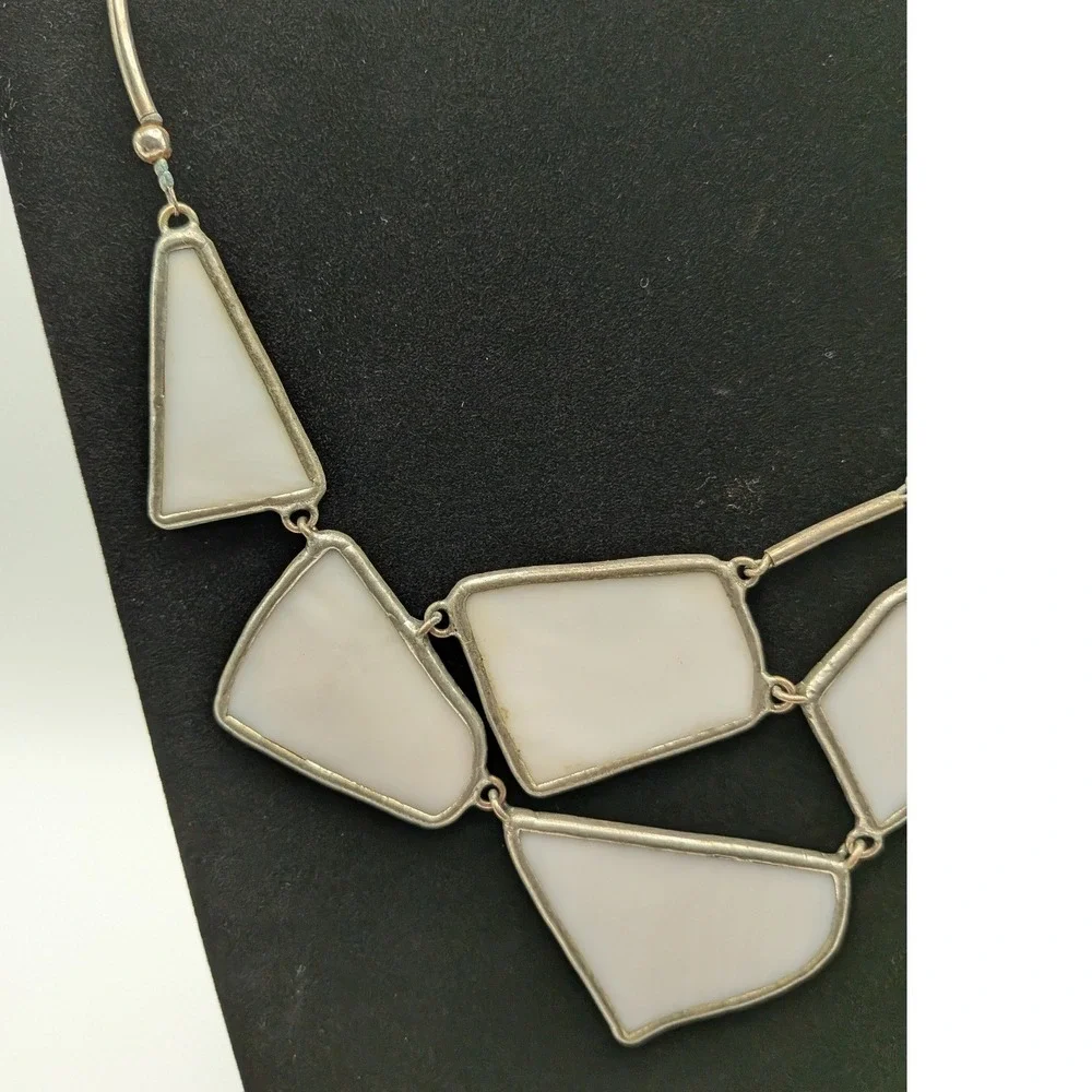 Geometric White Glass Statement Necklace Silver Tone Bib by Lapis Zagreb Croatia - Picture 6 of 9